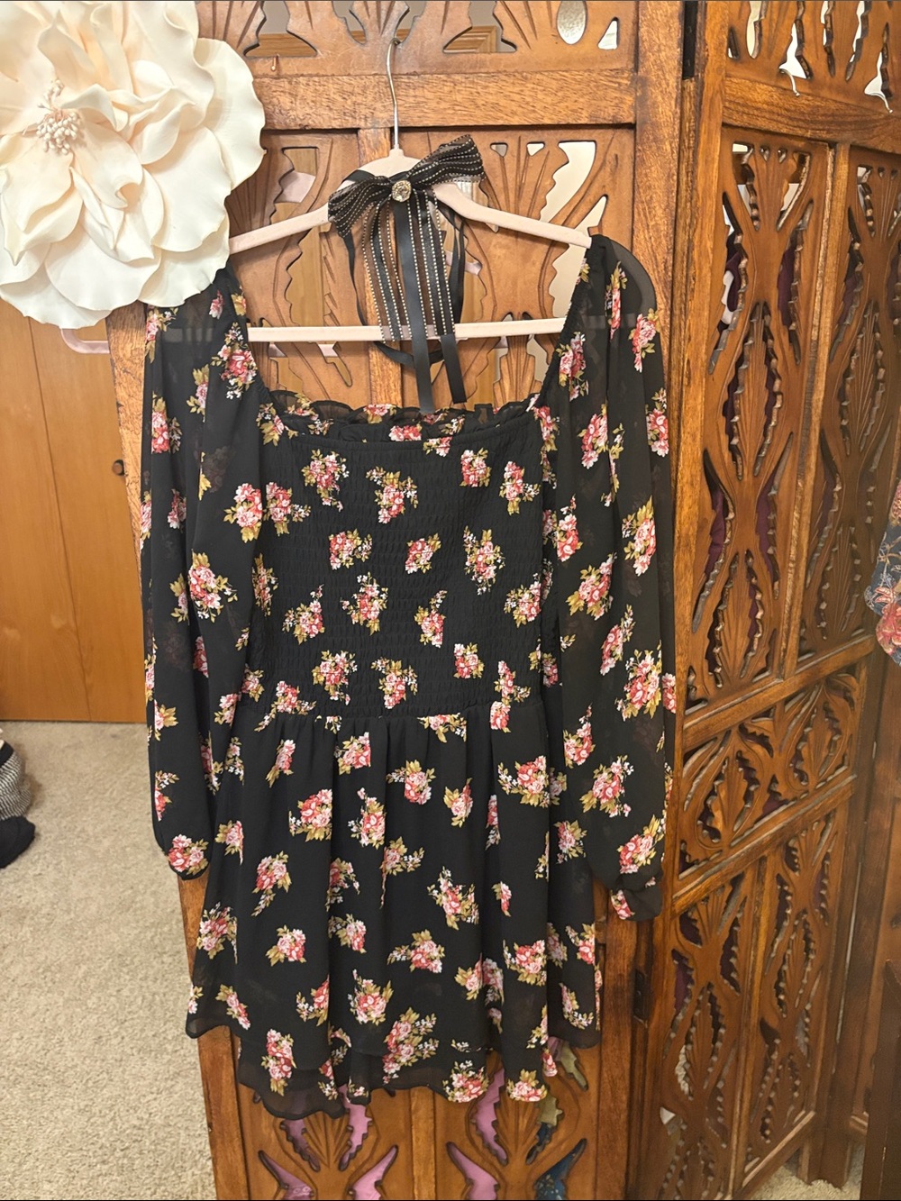 Lily Rose  Floral Smocked Mini Dress with Pink & Cream Blooms plus Bow Necklace